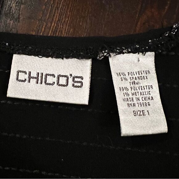 Chicos Top Pinstripe with Silver & Black Sequins Ric Rac size 1 M/8 - Picture 6 of 6